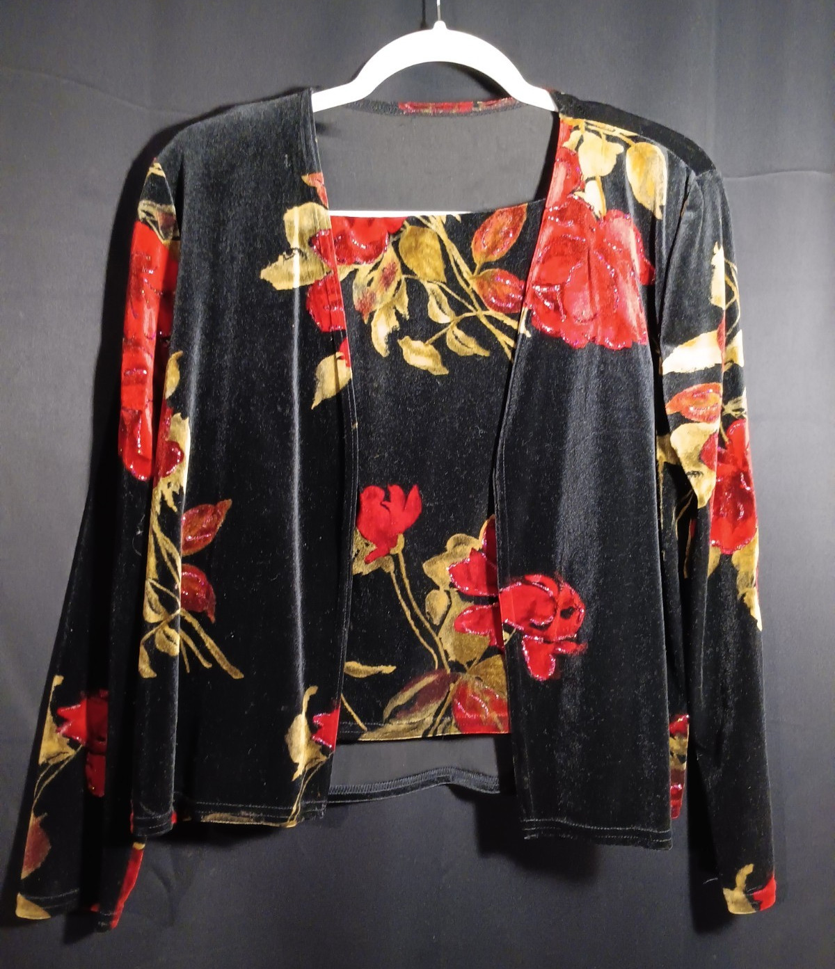 Jeffery & Dara Evenings VTG Floral Velvet Vest Open Front Jacket Cardigan 8 USA