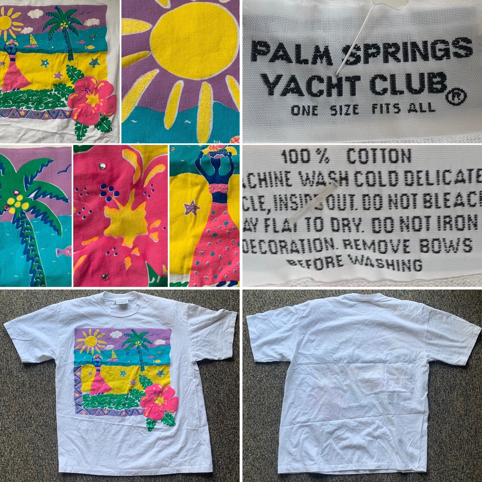 Vintage Palm Springs Yacht Club T Shirt Colorful Tropical Graphic Tee One Size