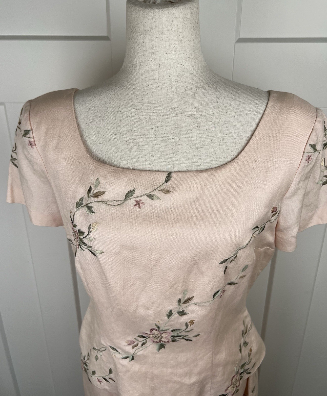 Vintage Donna Morgan Dress 10 Pink Linen Blend Embroidered Floral Midi Cottage