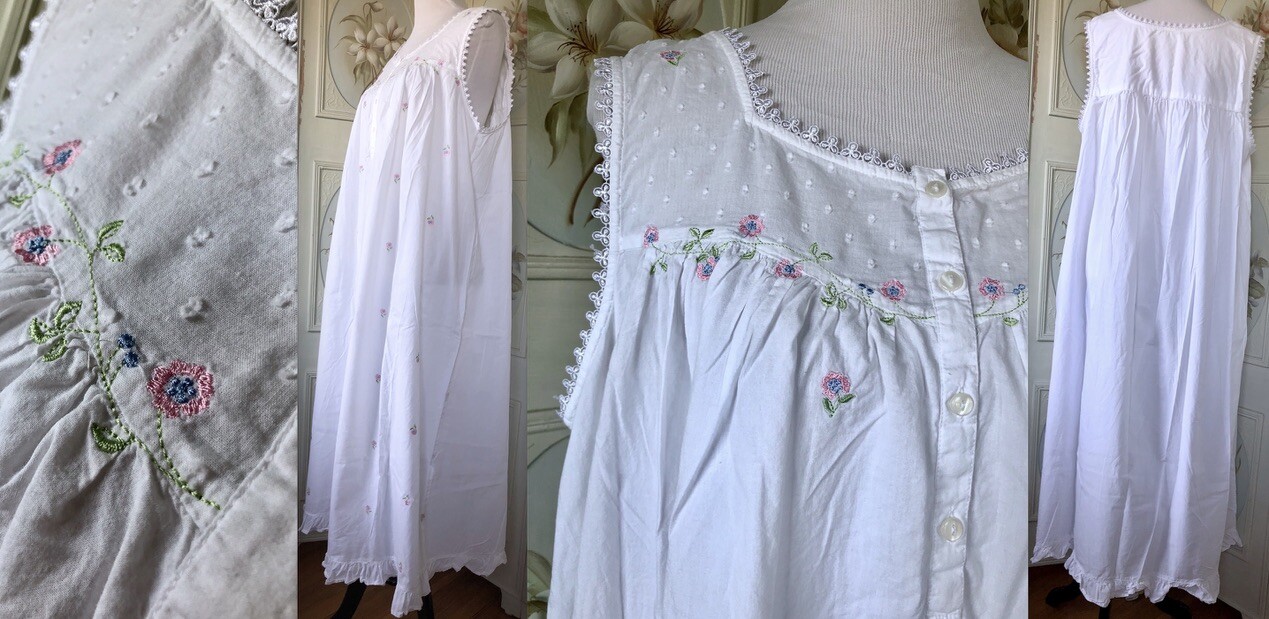 VTG WHITE COTTON MUSLIN LACE EMBROIDERY PINK BLUE FLOWERS NIGHT GOWN MAXI EUC