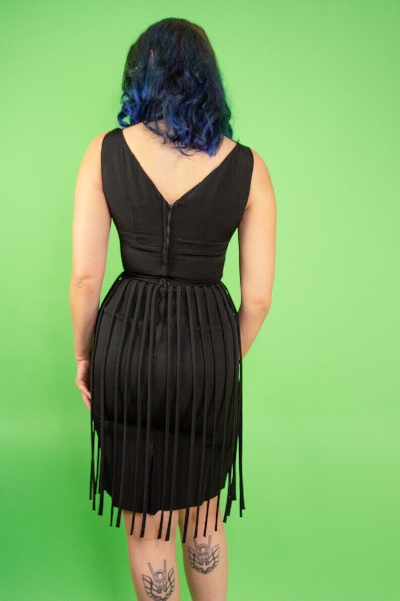 Vintage 1950s 60s Pinup Cocktail Dress Fringe Midi Pencil XS S 2 4