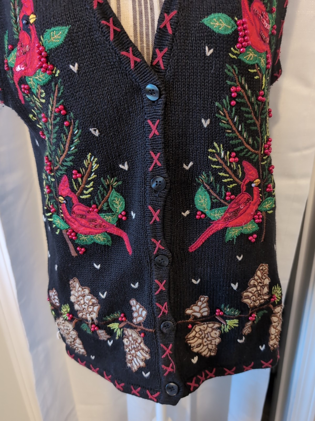 VTG Bobbie Brooks Black Ramie Cotton Embroidered Cardinal Bird Sweater Vest SZ L