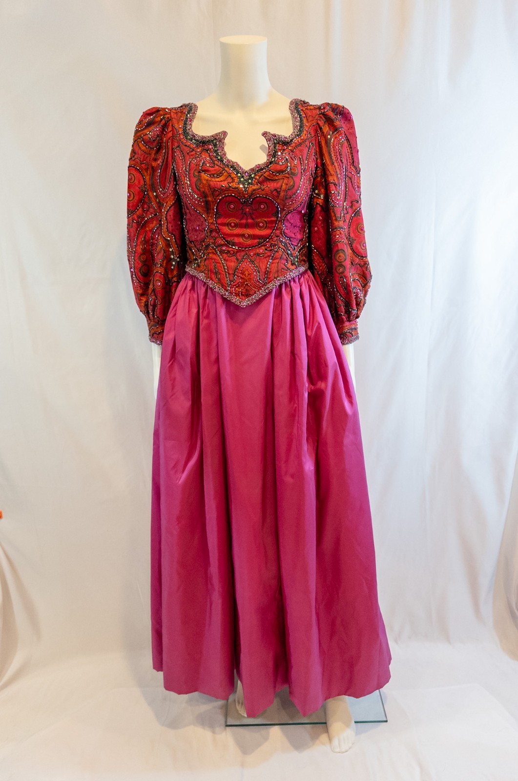 Vintage 1980s Ruben Panis Magenta Satin Taffeta Beaded Paisley Bodice Gown