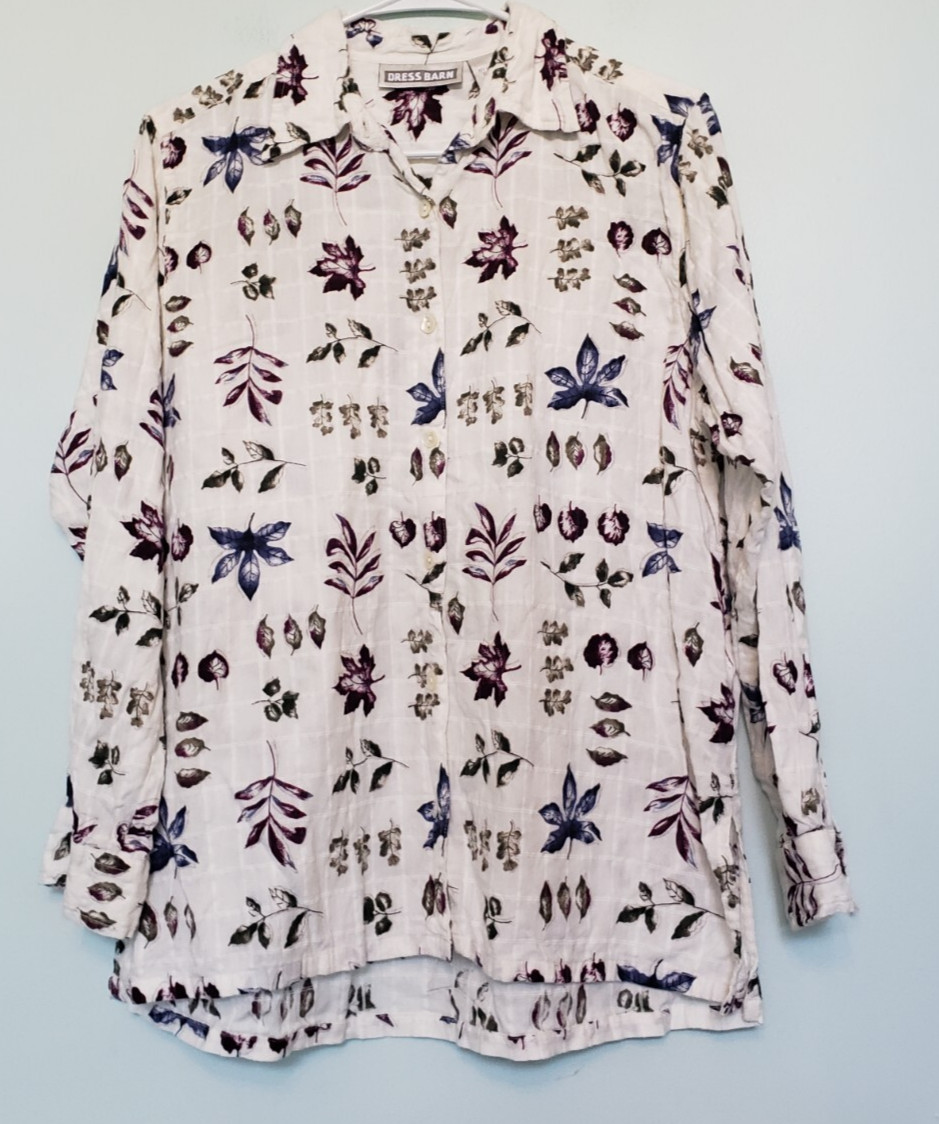 Vtg Dressbarn Womens M Blouse Multicolor Leaf White Long Sleeve Button Front