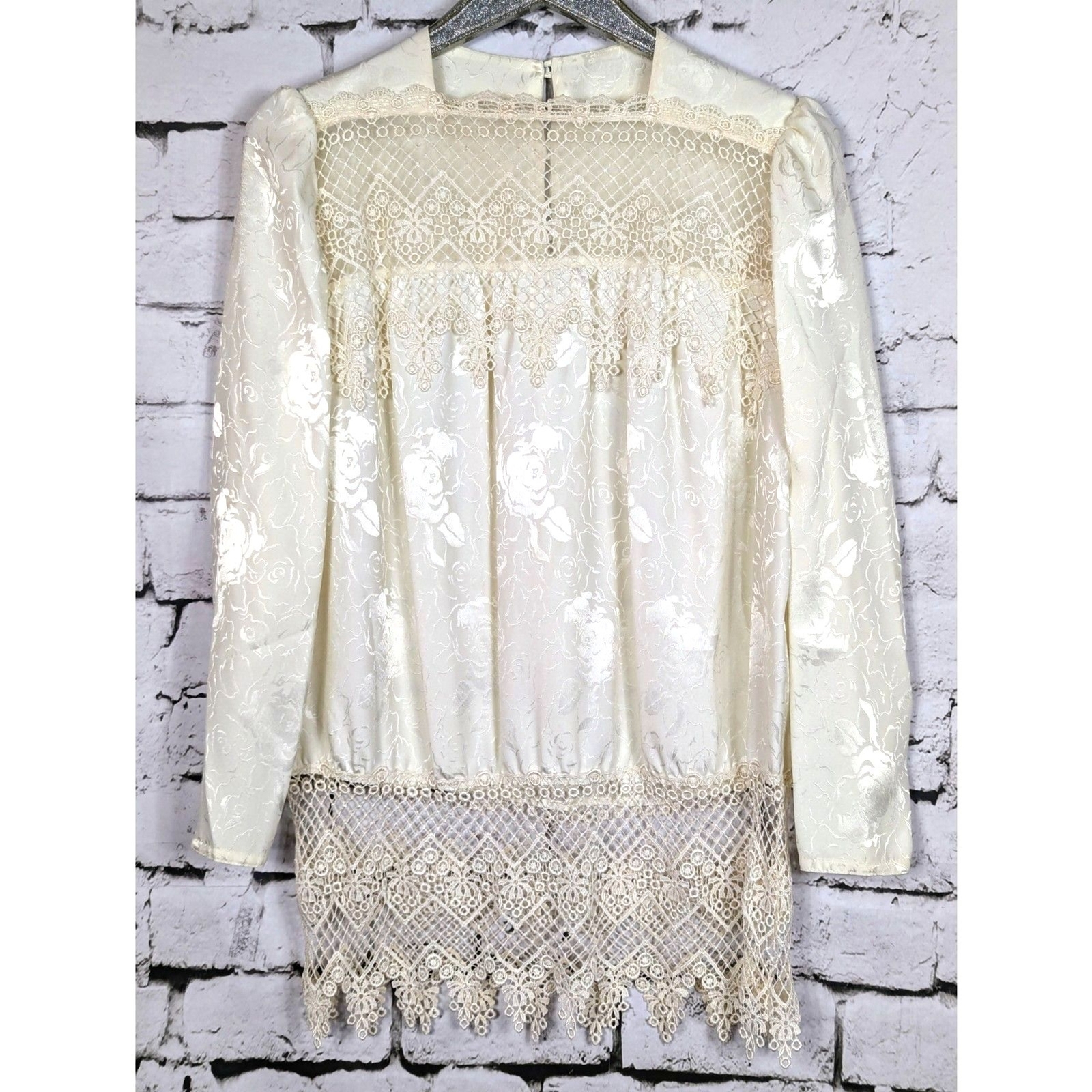 Vintage Victorian Satin Floral-Embossed Lace Blouson Top Maximalist Unique Large