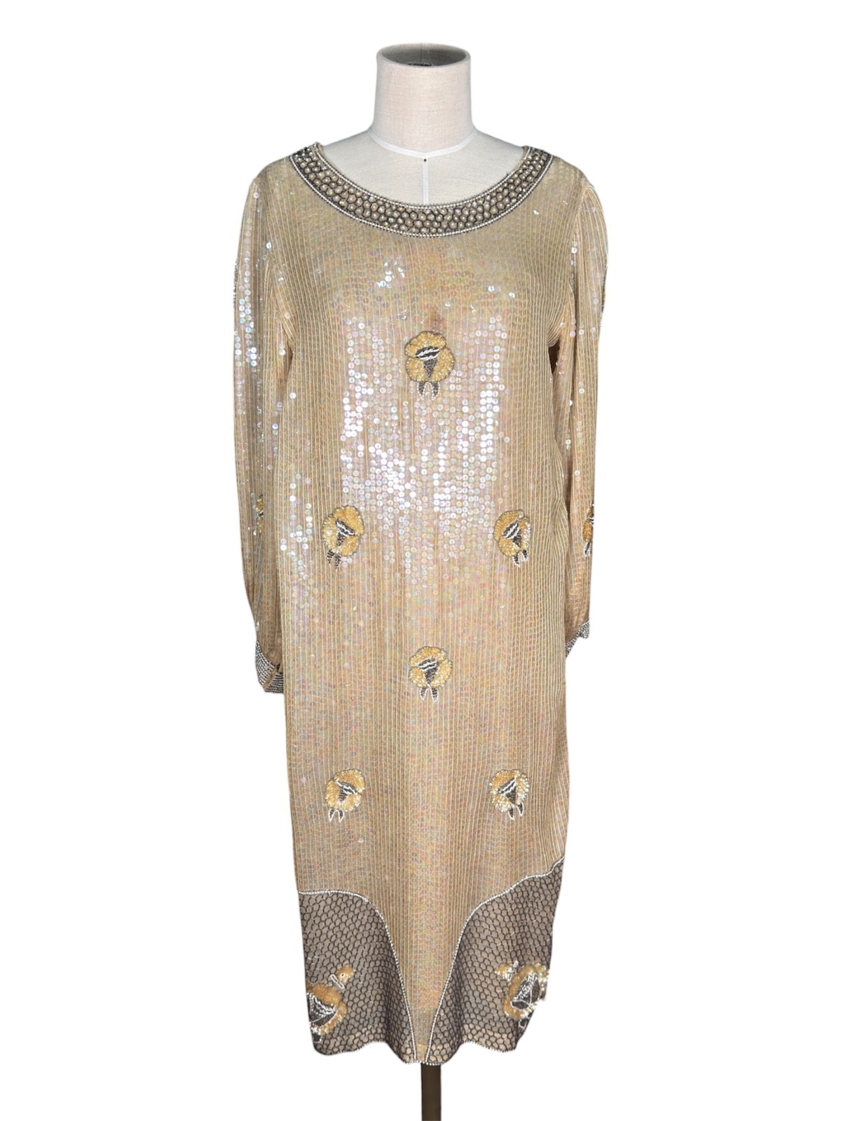 1970s Vintage ShoMax Beige Iridescent Sequined Silk Gown – Size Small