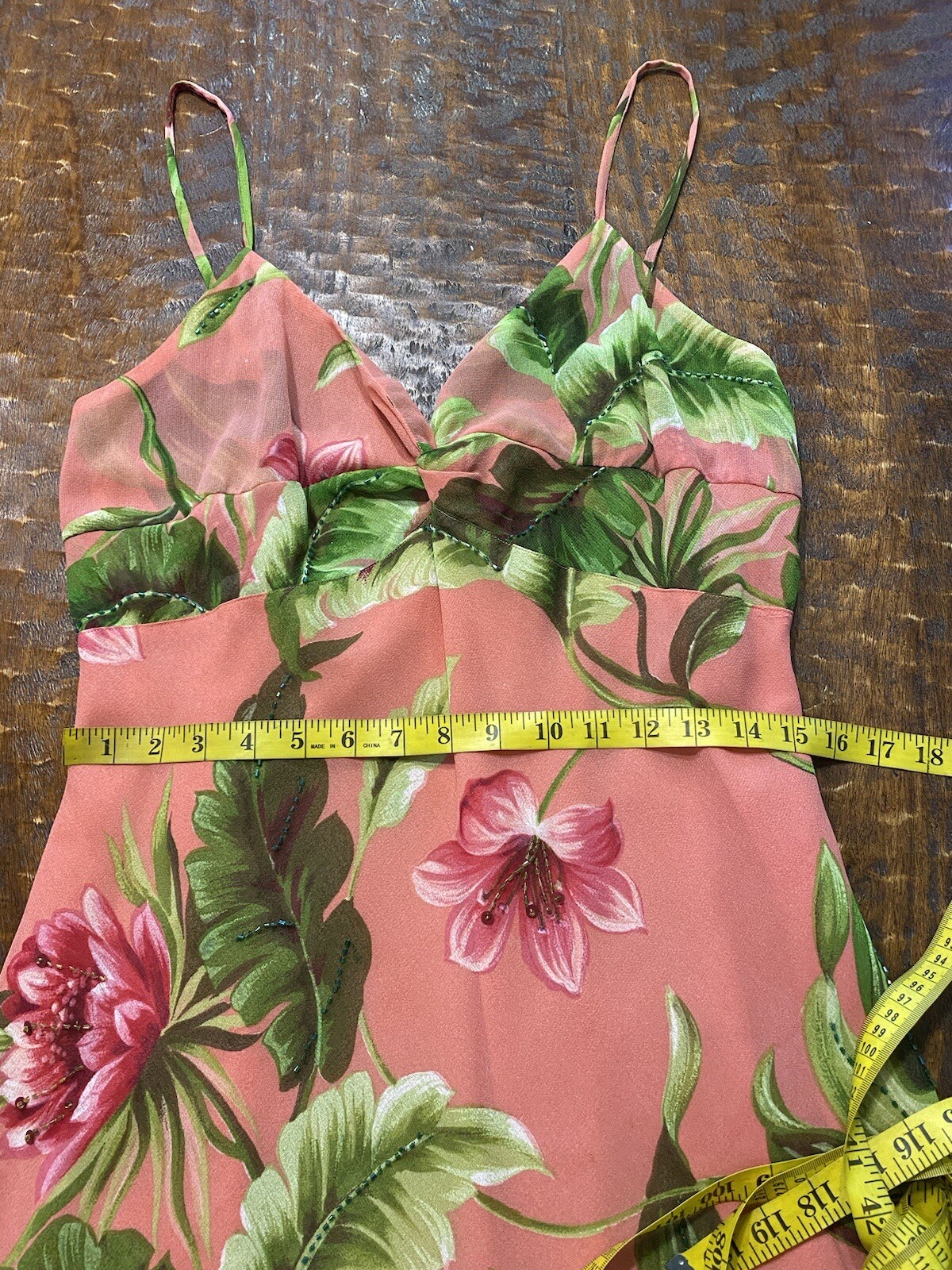 80s Vintage Pink Floral Rag Beaded Sleeveless Dress XL