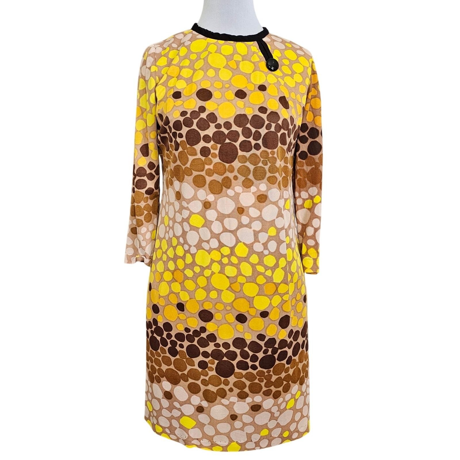 Vintage 60s Flair of Miami Mod Shift Dress Yellow Brown Polka Dot Retro Size L