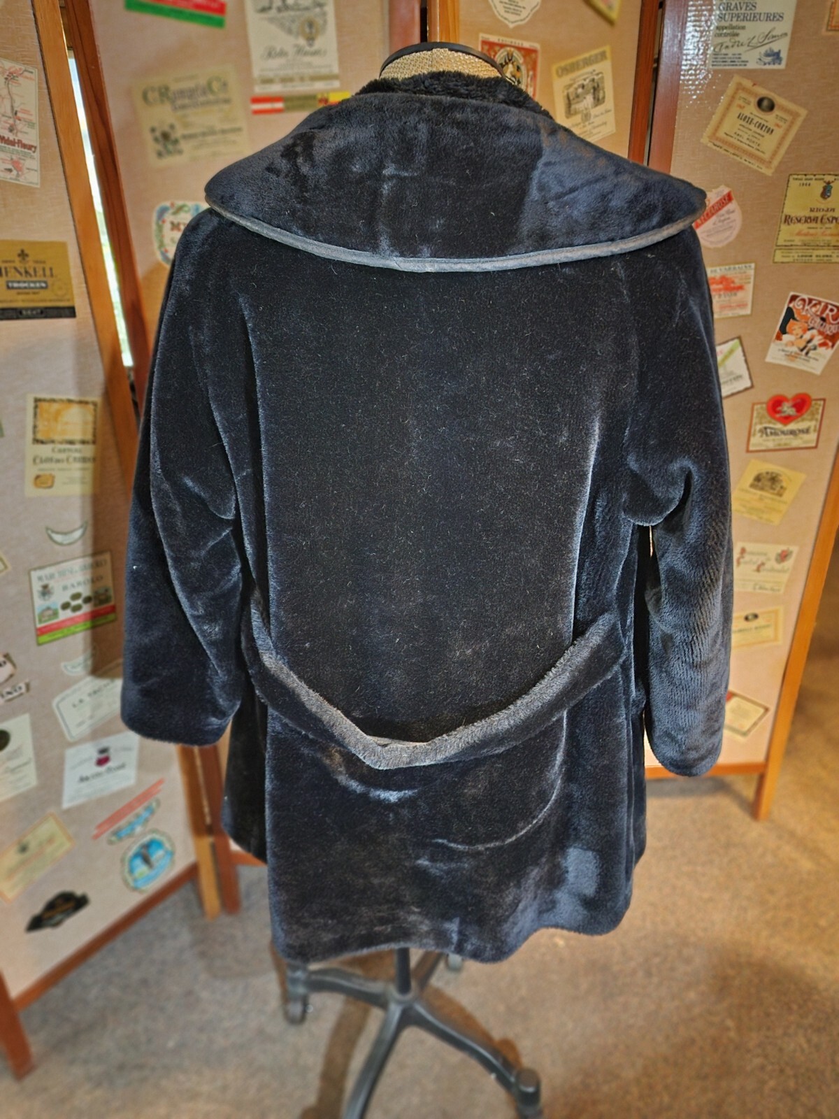 Borgana Faux Fur Black Coat Mod Size 18 Union Label Leather Accents Vintage 1960