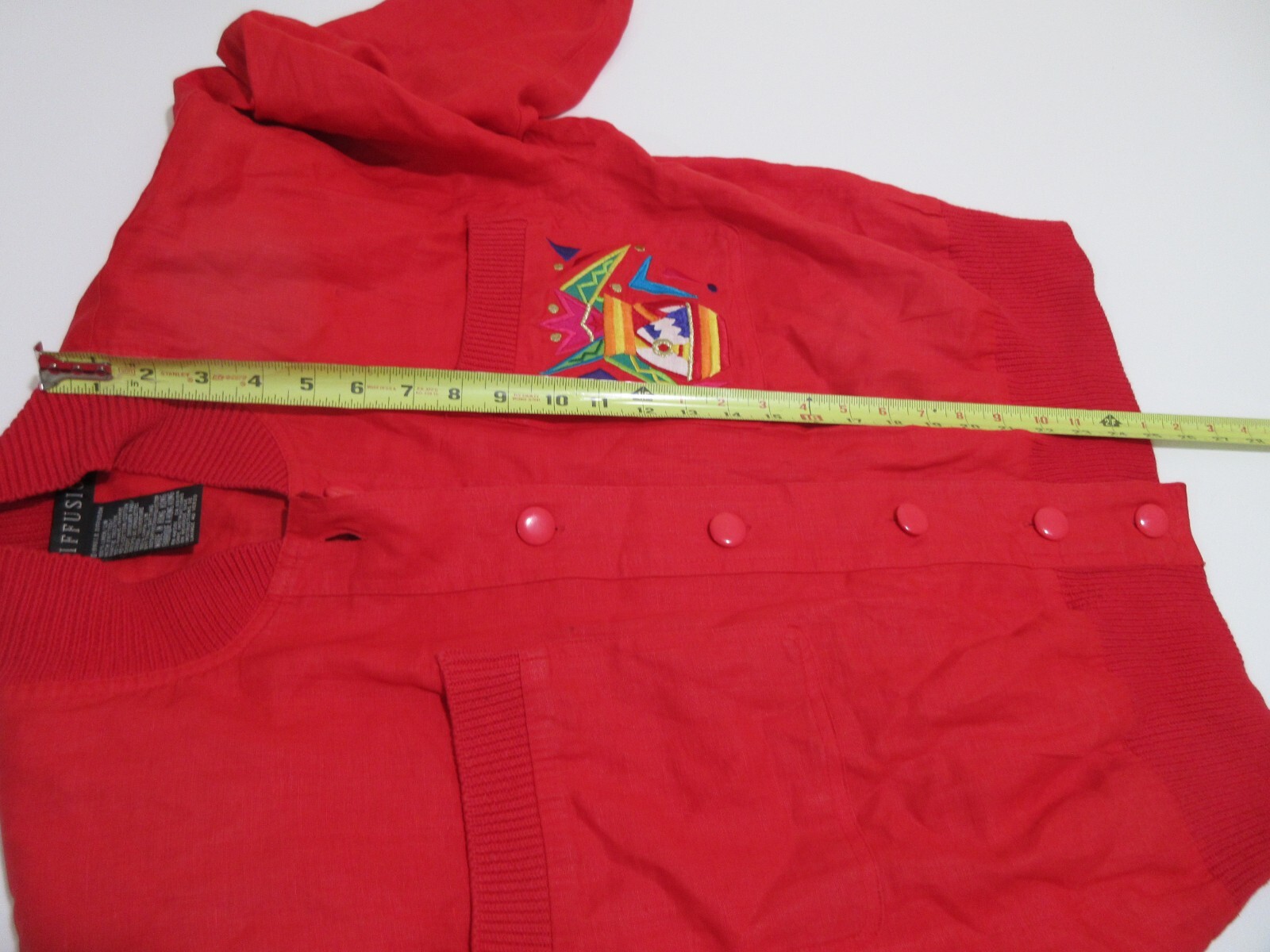 Sz 8 M VINTAGE 90s I B Diffusion Tribal Embroidered Red Linen Bomber Jacket Top