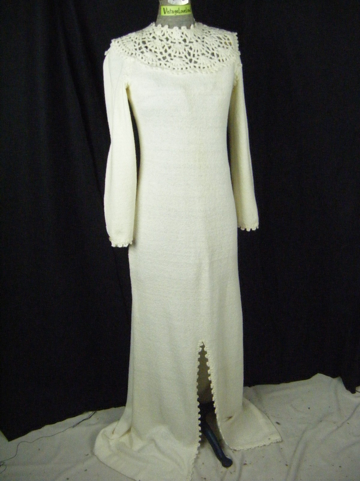 MISS DOLPHIN CA Vtg Ivory Crochet Eyelet Knit Long Dress-Bust 33-36/2XS-XS