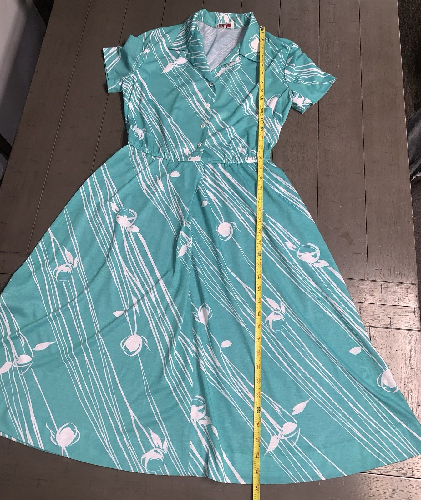A7 VTG 80s R&K ORIGINALS TROPICAL FLORAL AQUA/WHITE SHIRT DRESS 7/8 ROCKABILLY