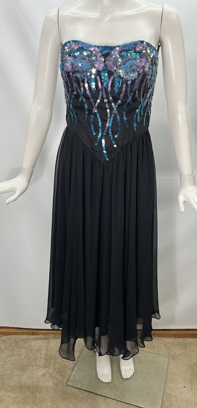 VTG Casadei Strapless Black Dress Sequins Chiffon Flowy Fairy Sz S