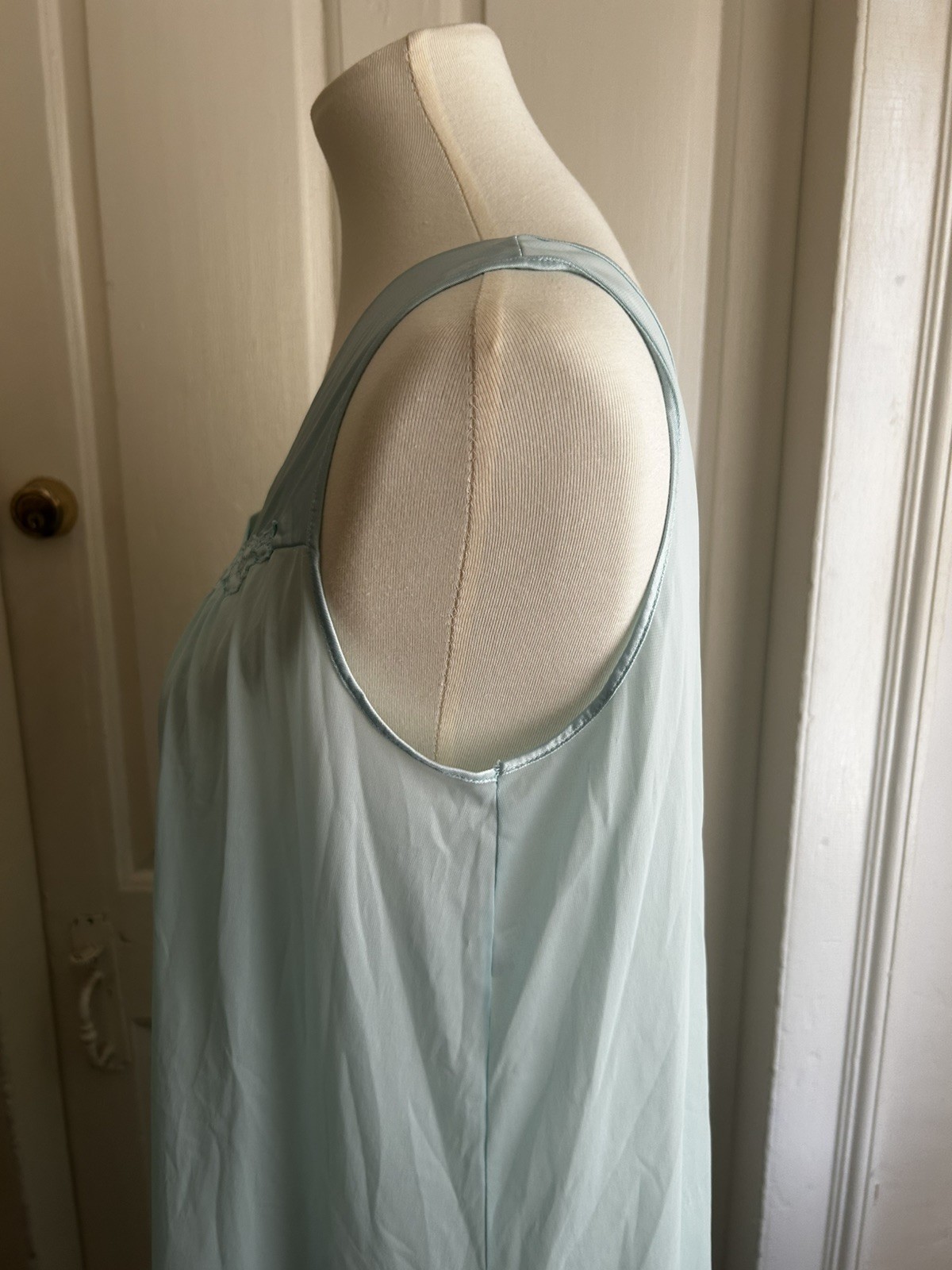 Vintage 1970s Vanity Fair Blue Sleeveless Nylon Chemise Nightgown Ruched Medium
