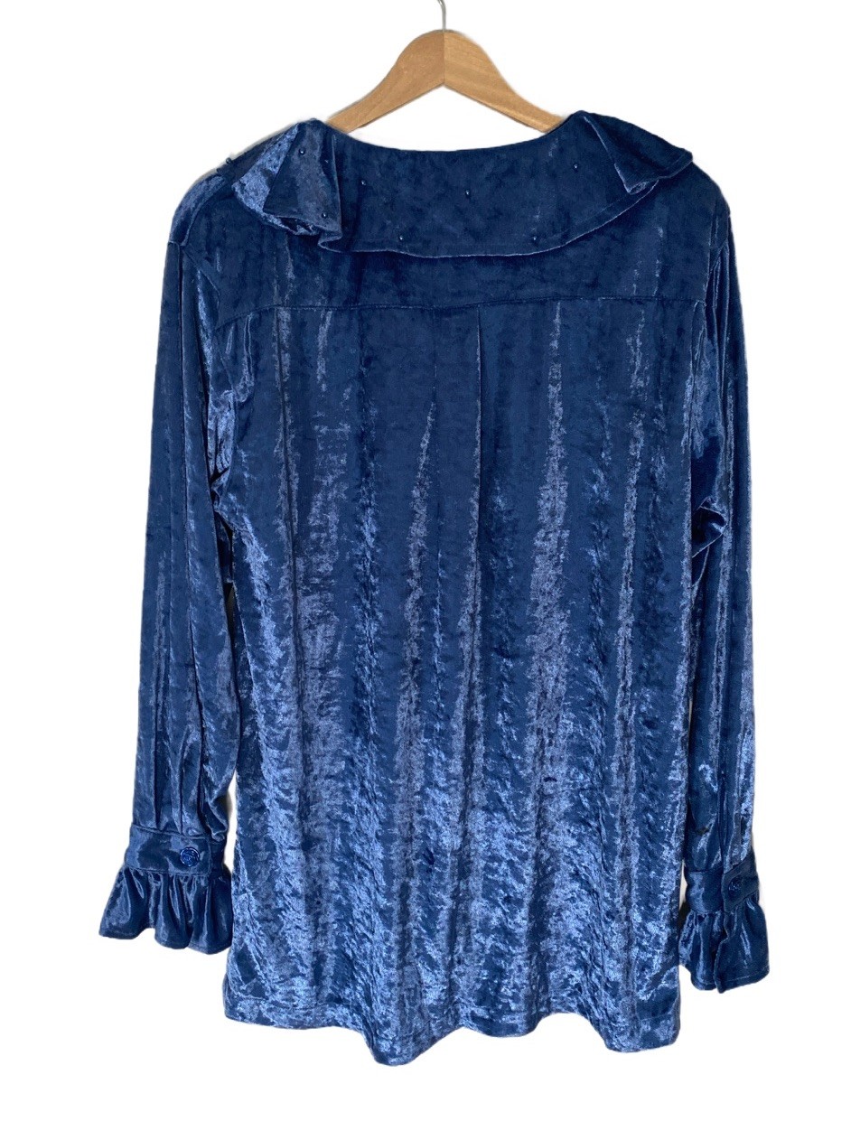 Lacy After Noon Vintage Crushed Blue Velvet Ruffled Long Sleeve Blouse Beaded L