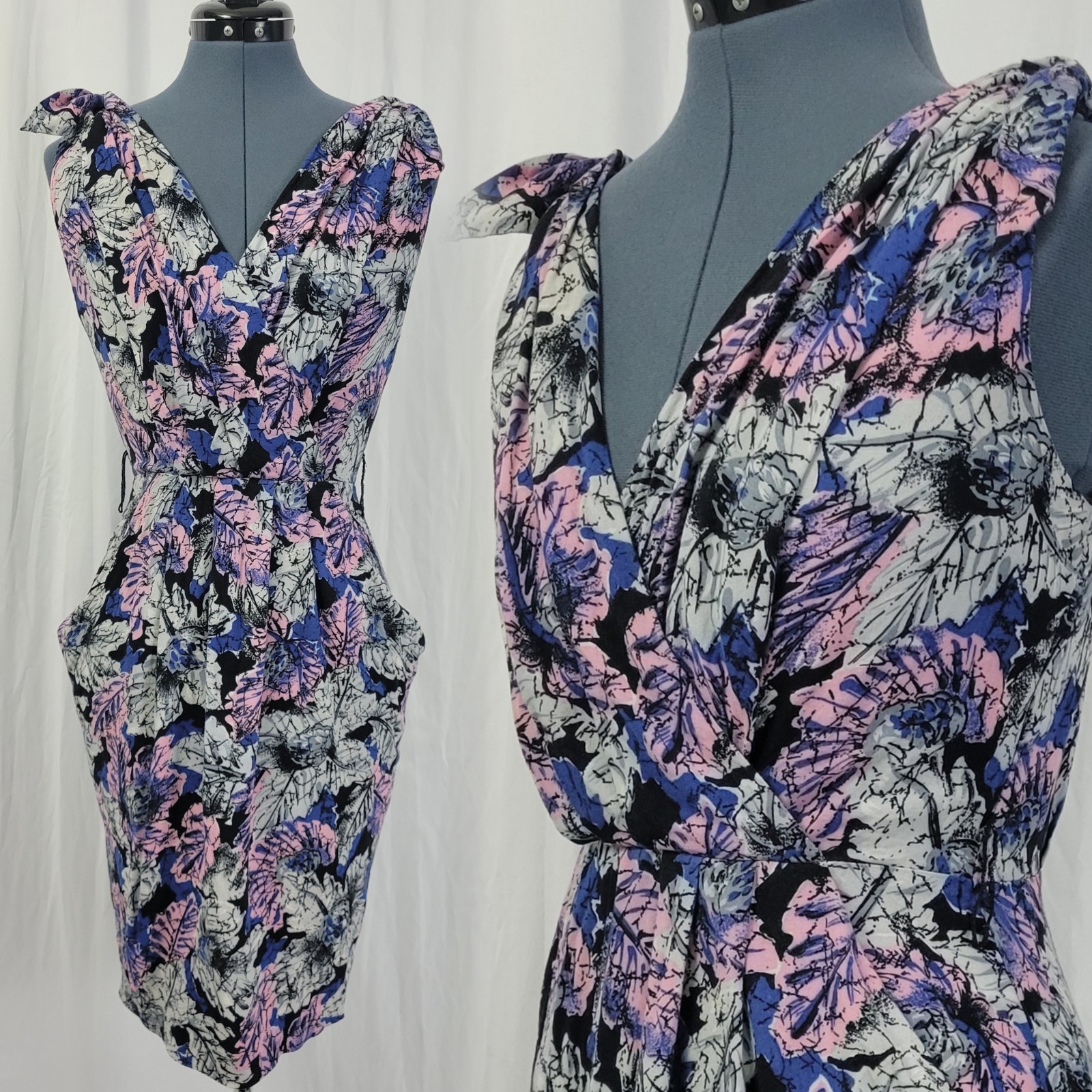 Vintage Joni Blair Black/Pink/Purple/Grey Floral Dress w Button Down Back Size 5