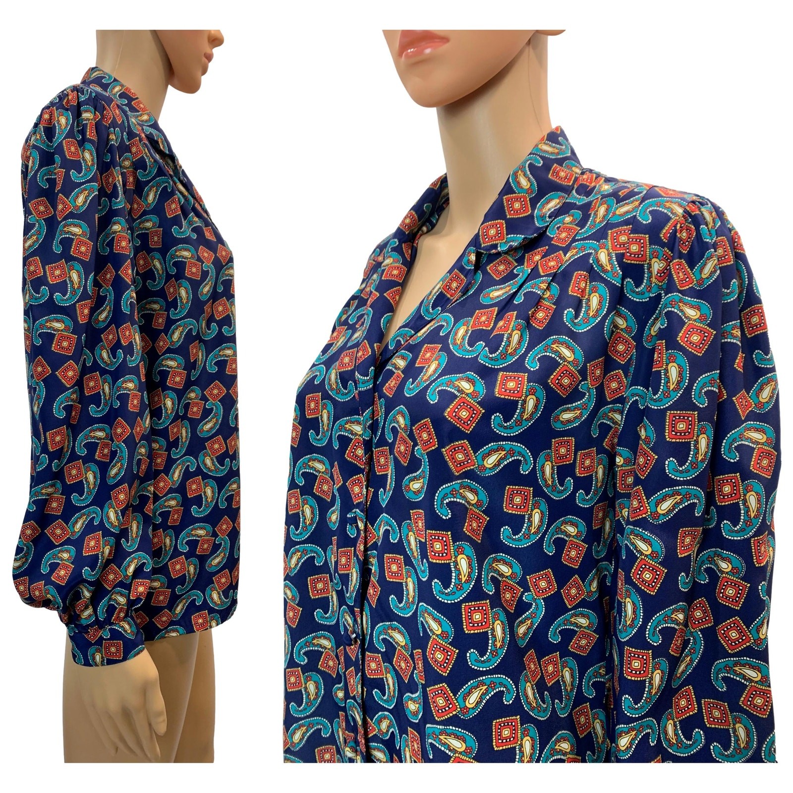 80s Silky Paisley Print Blouse Blue Teal Red Gold Josephine Size 6