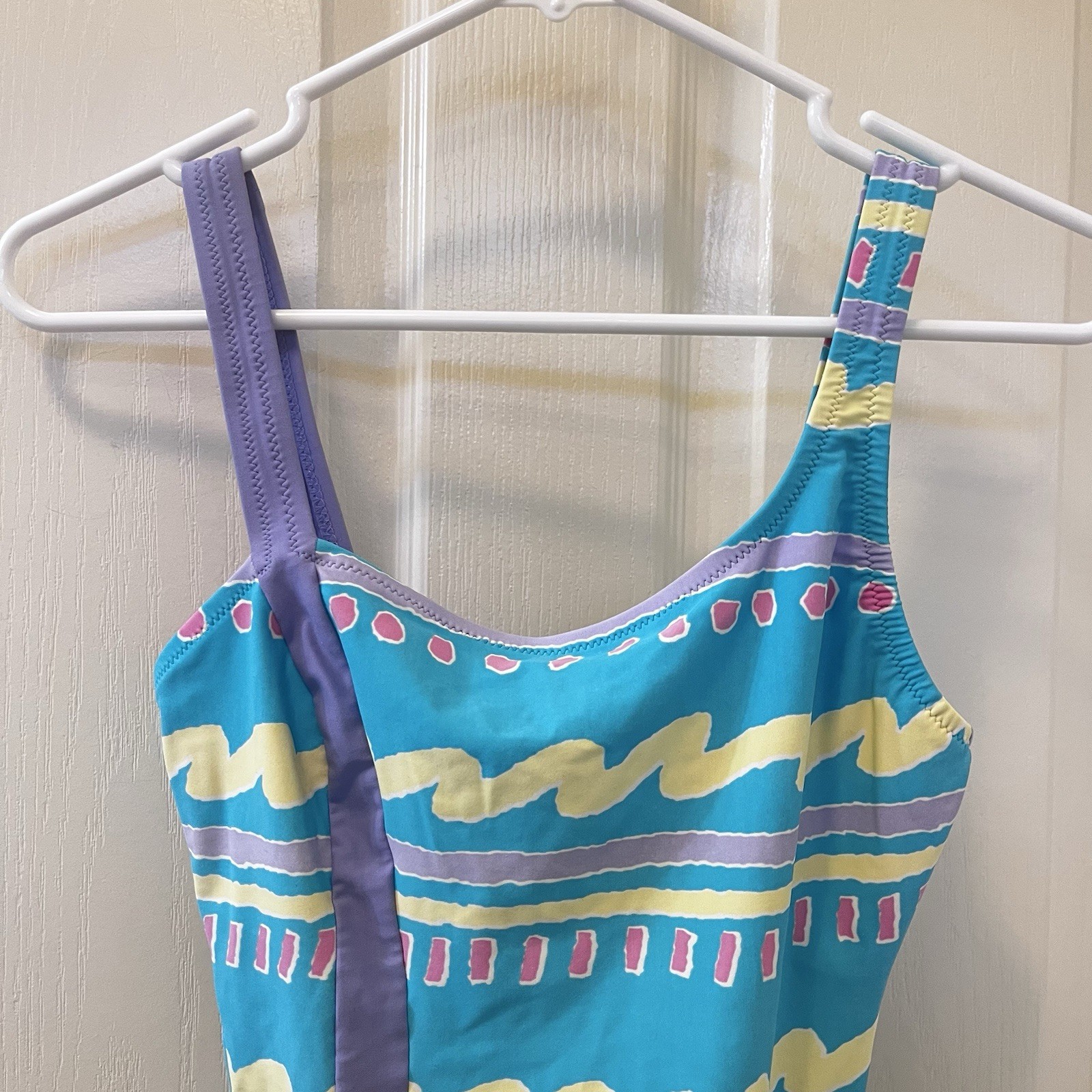 Vintage JAG One Piece Swimsuit Aqua Purple Pastel Abstract High Cut 80s Size 10
