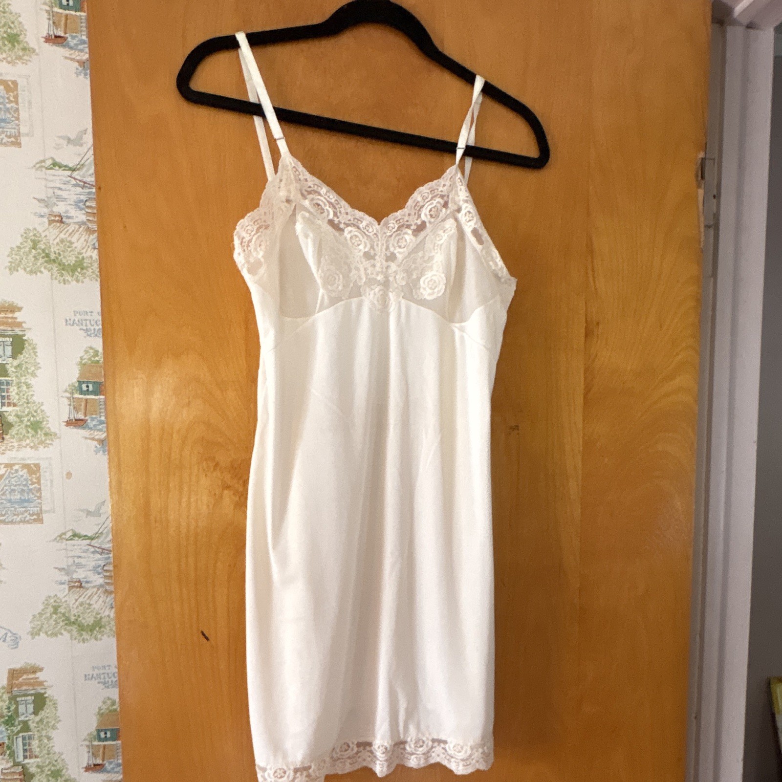 Vintage Lorraine Ivory Nylon Slip Dress, Lace Fabric & Lace Trim, Size 34 EUC