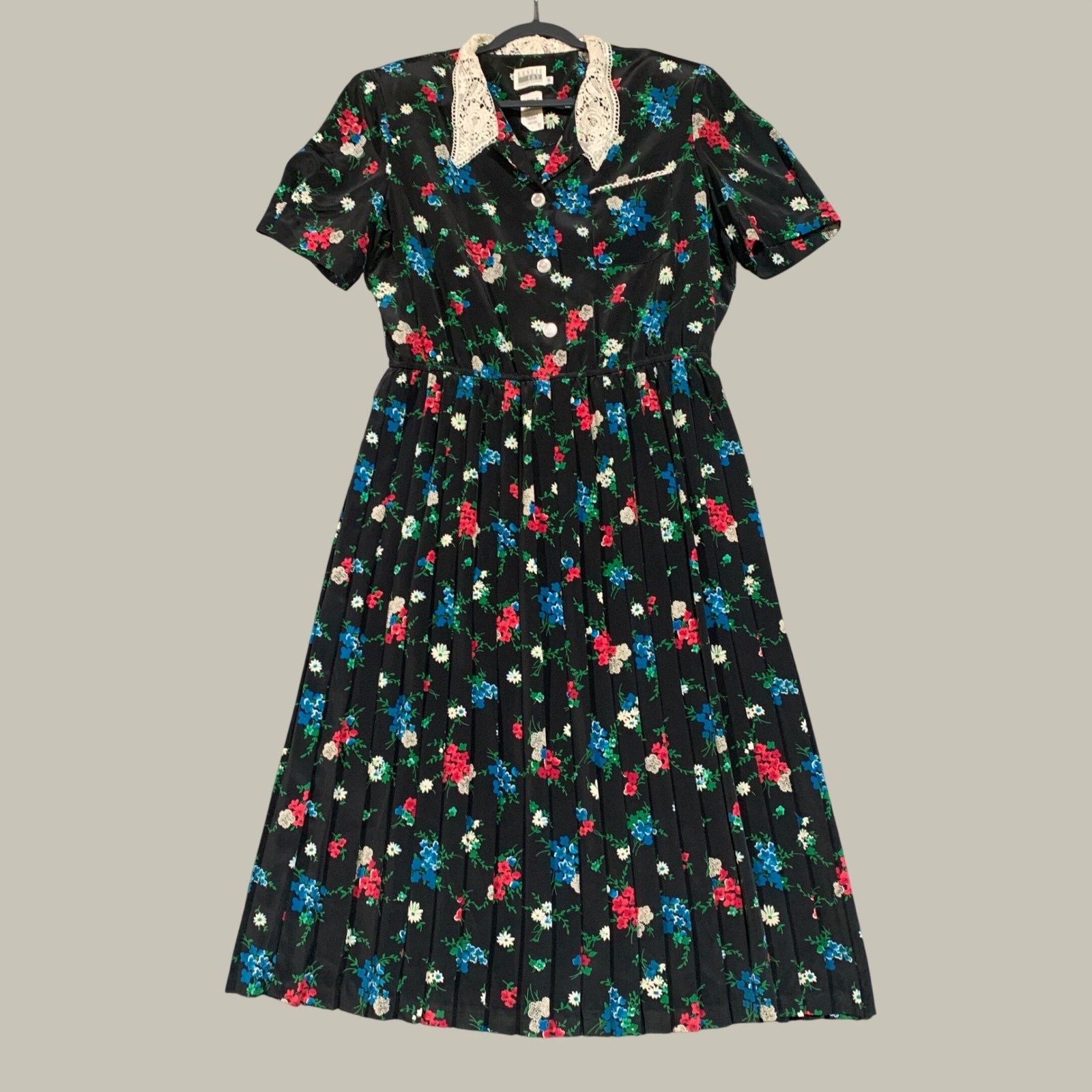 Leslie Fay Floral Midi Dress Women Size 18 Lace Collar Pleated Vintage 80s 90s