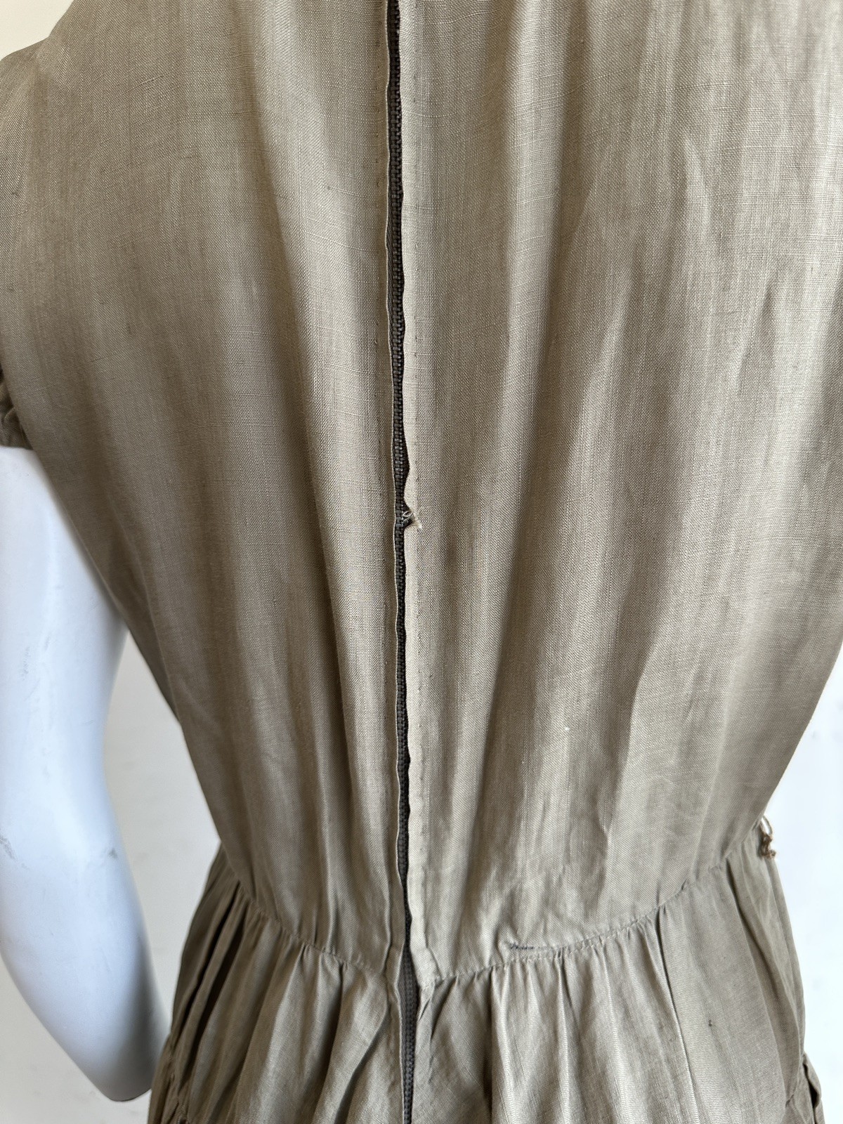 1940s 1950s Olive Green Dress Peter Pan Collar Rayon Linen Feel