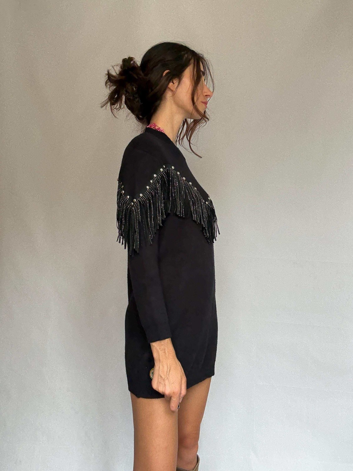 Western black mini dress, Embellished fringe short spring dress, Retro 90s vinta