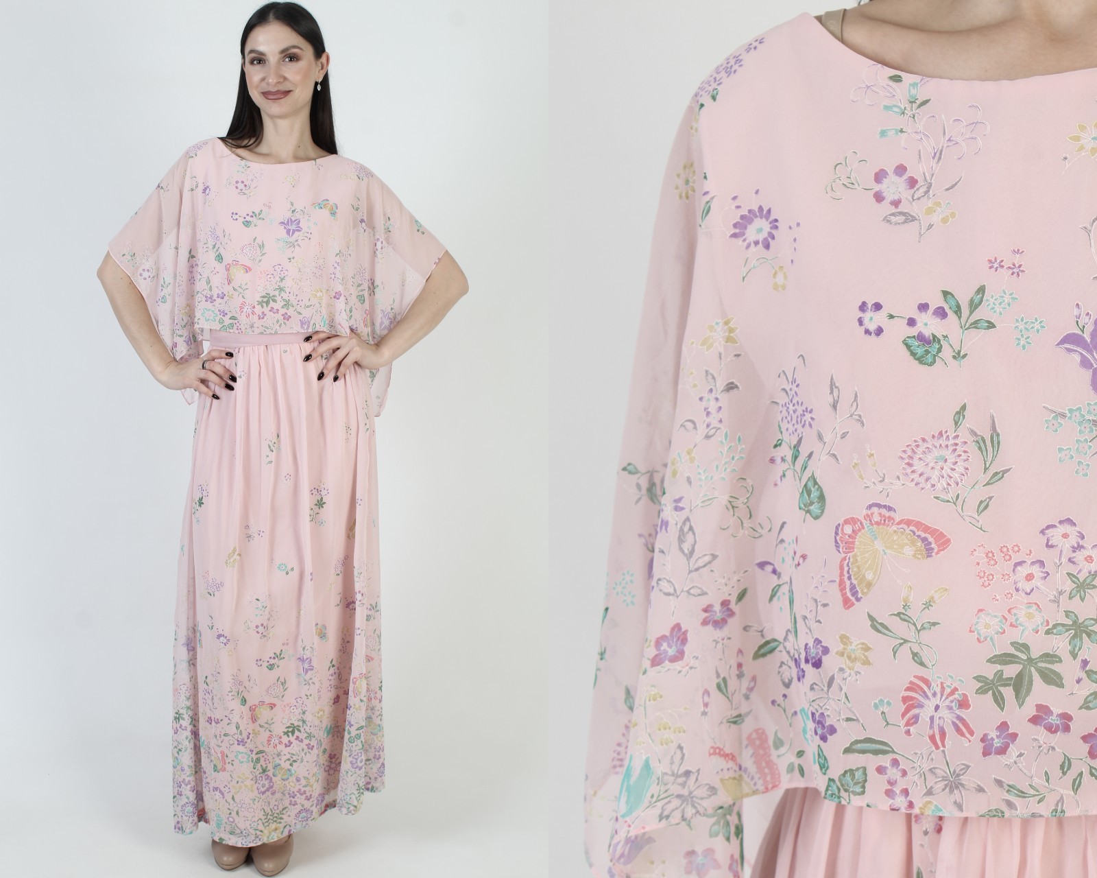 Vtg Hanae Mori Chiffon Butterfly Print Dress Romantic Bridal Neimans Sheer Gown