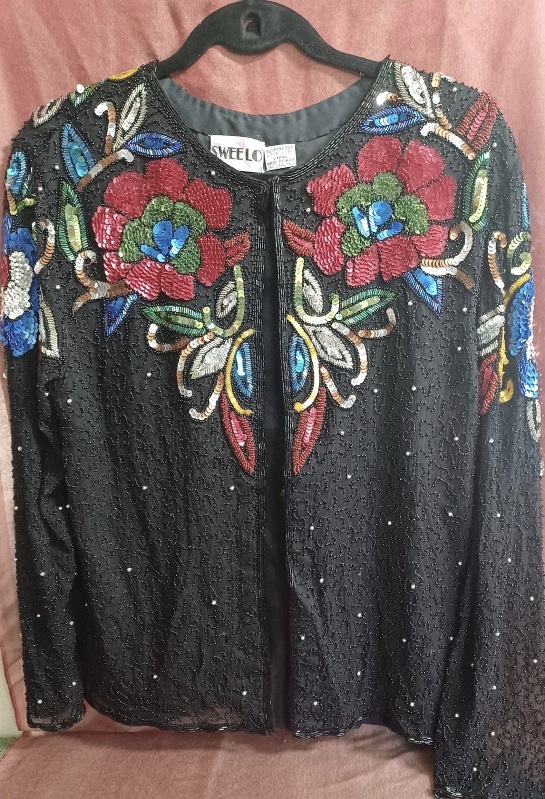 Vintage SWEELO Pure Silk Hand Beaded Sequin Black Evening Jacket Women’s S/M