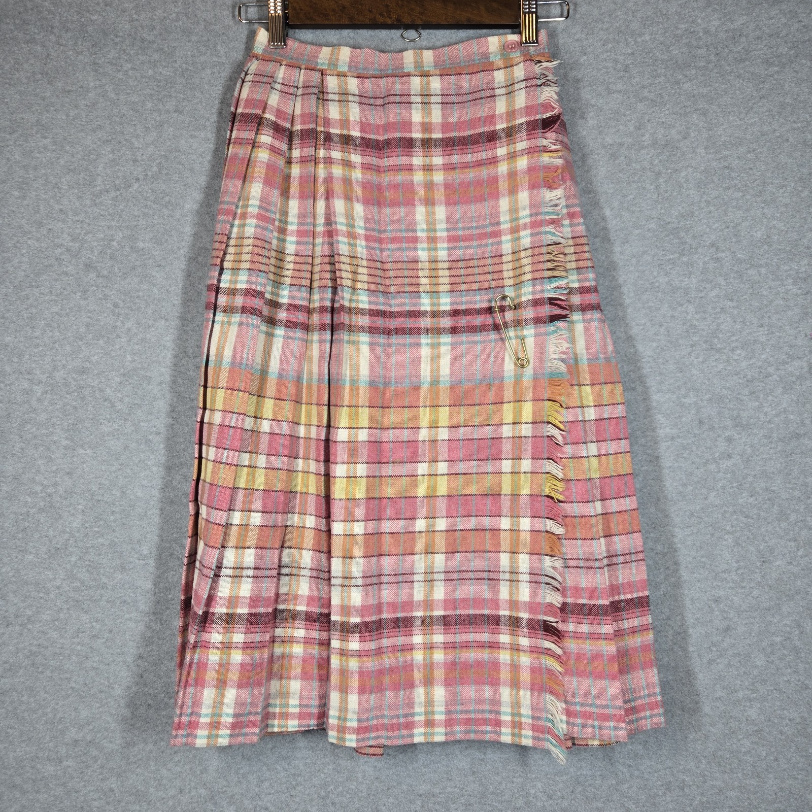 Vintage Present Co Wool Pleated Wrap Midi Skirt Size S Pink Cream Plaid Fringe