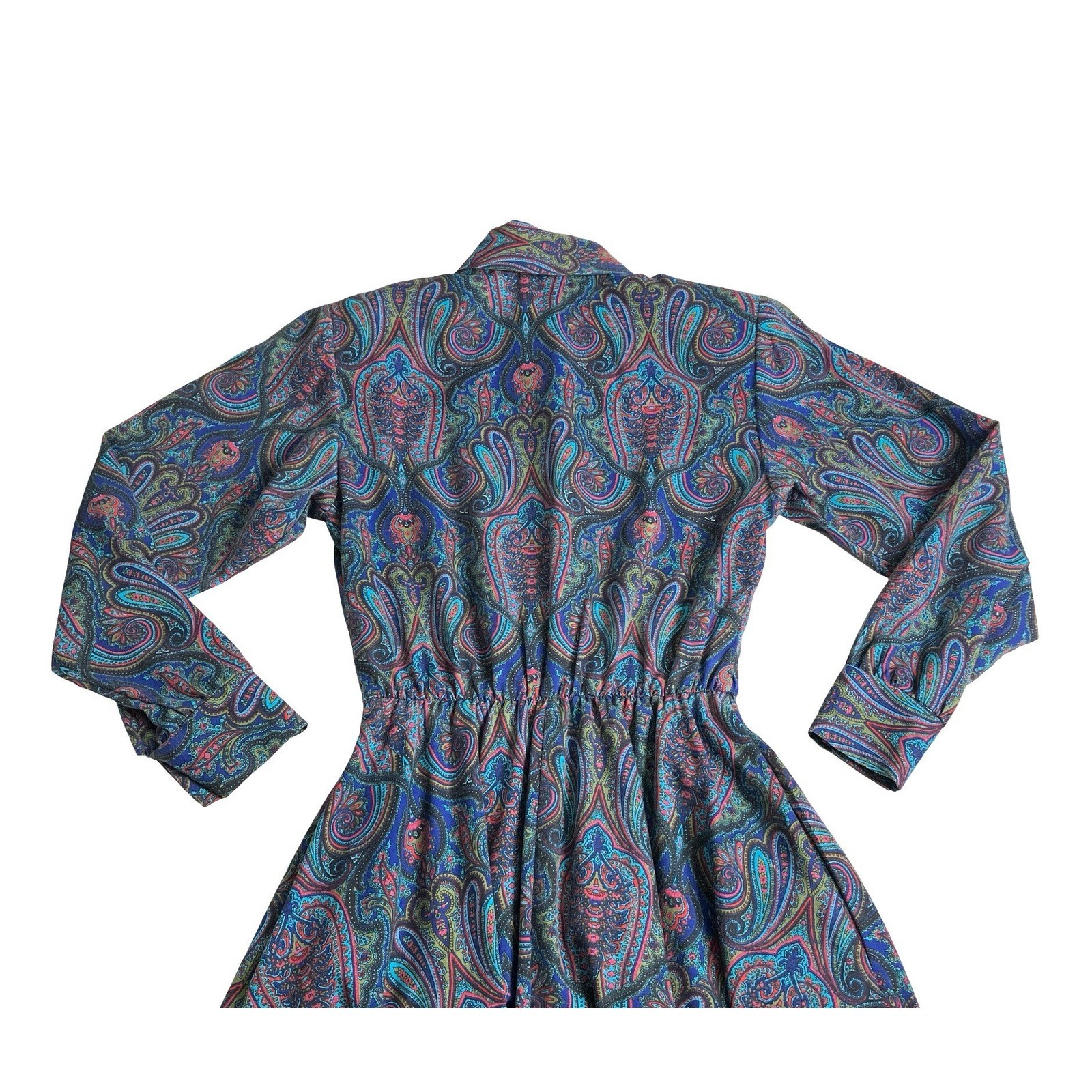 Vintage 80s Bedford Fair Paisley Midi Dress Womens 6 Long Sleeve Belted Boho Mod