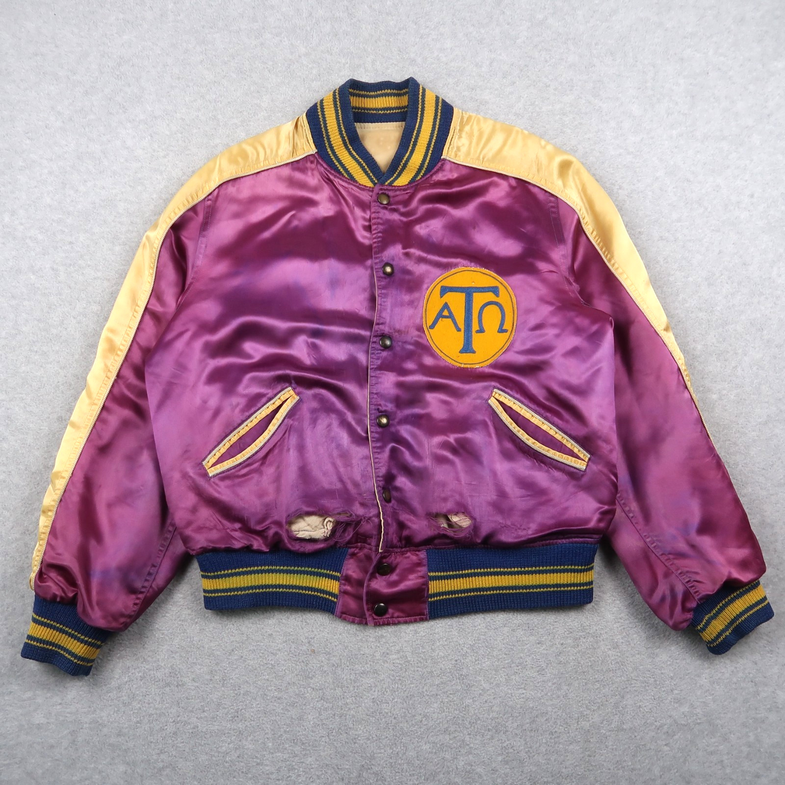 Vintage 50s Reversible Silk Snap Varsity Jacket Sz L Purple / Beige Sports