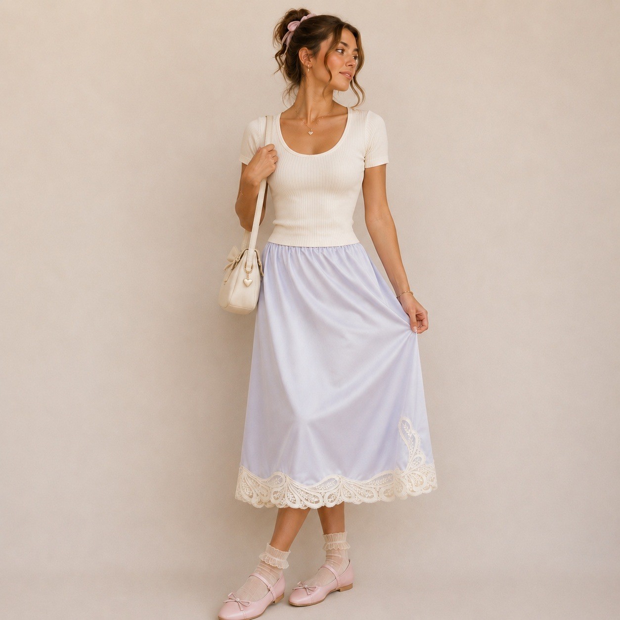 Vanity Fair Vintage 70s Half Slip Lavender Periwinkle White Lace Hem L