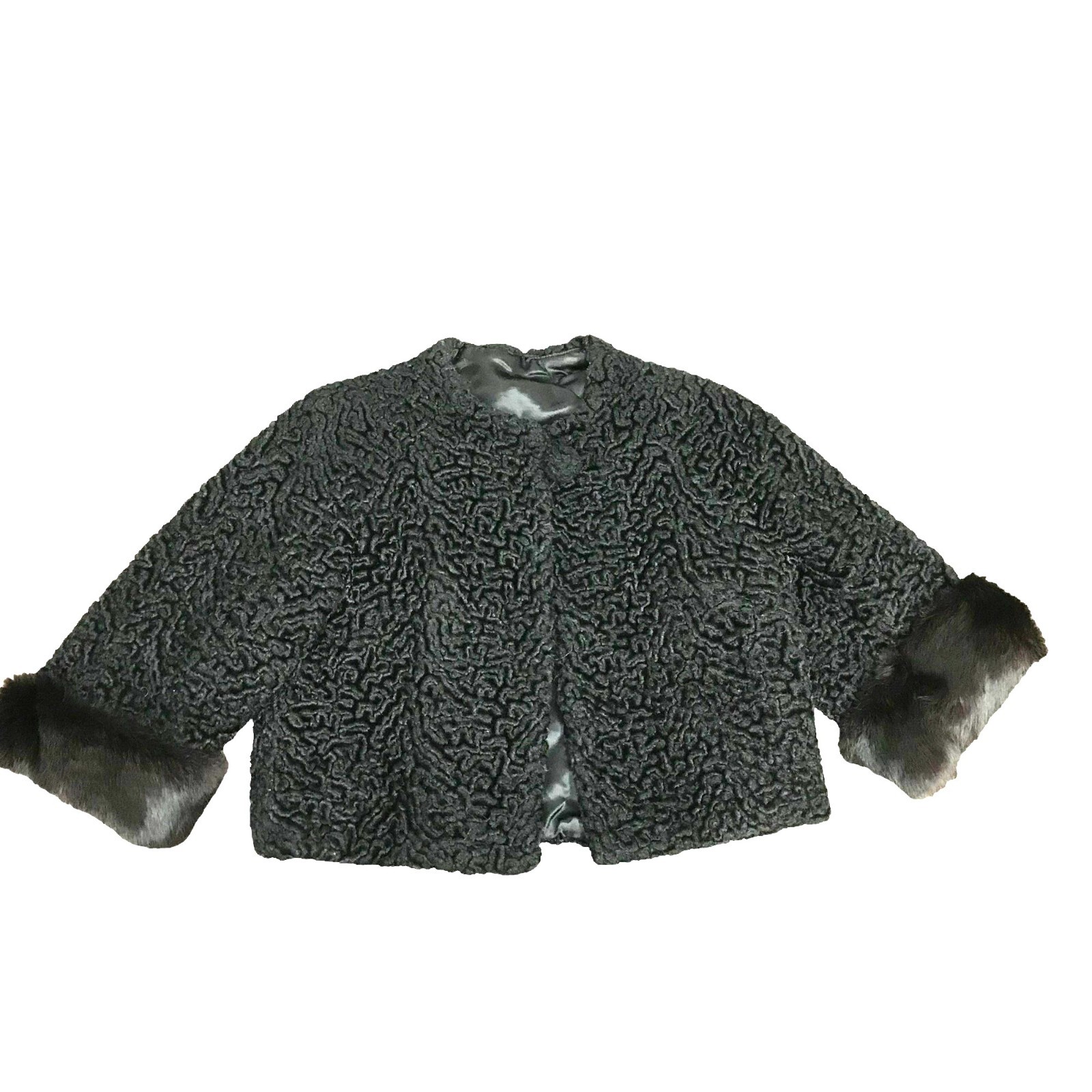 VTG Womens Black Persian Lamb Fur Coat Size 4-6 Mink Trim Cropped Event Wedding