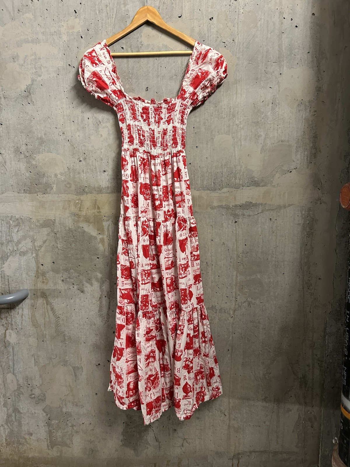Vintage 1970’s Dress Women’s Red Novelty Animal Print Maxi Rouched Farm Prarie