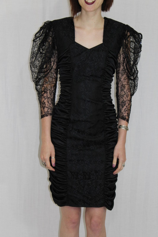 Vintage 80s Black PUFFY Slv Lace RUCHED Open Back Cocktail Party WIGGLE Dress~XS