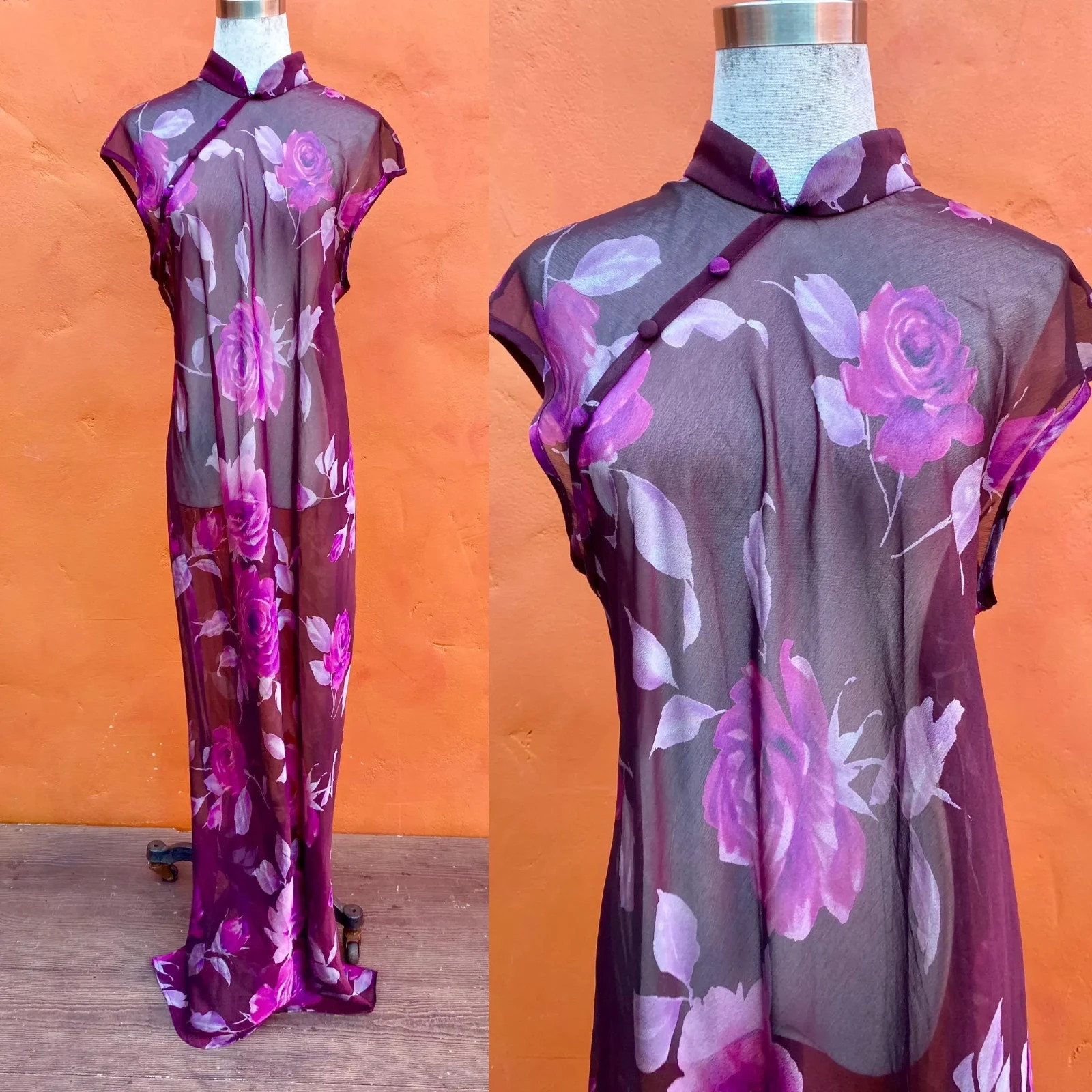Vintage 1990s Sheer Floral Maxi Cheongsam Dress. Festival Glam Grunge Rave Pinup