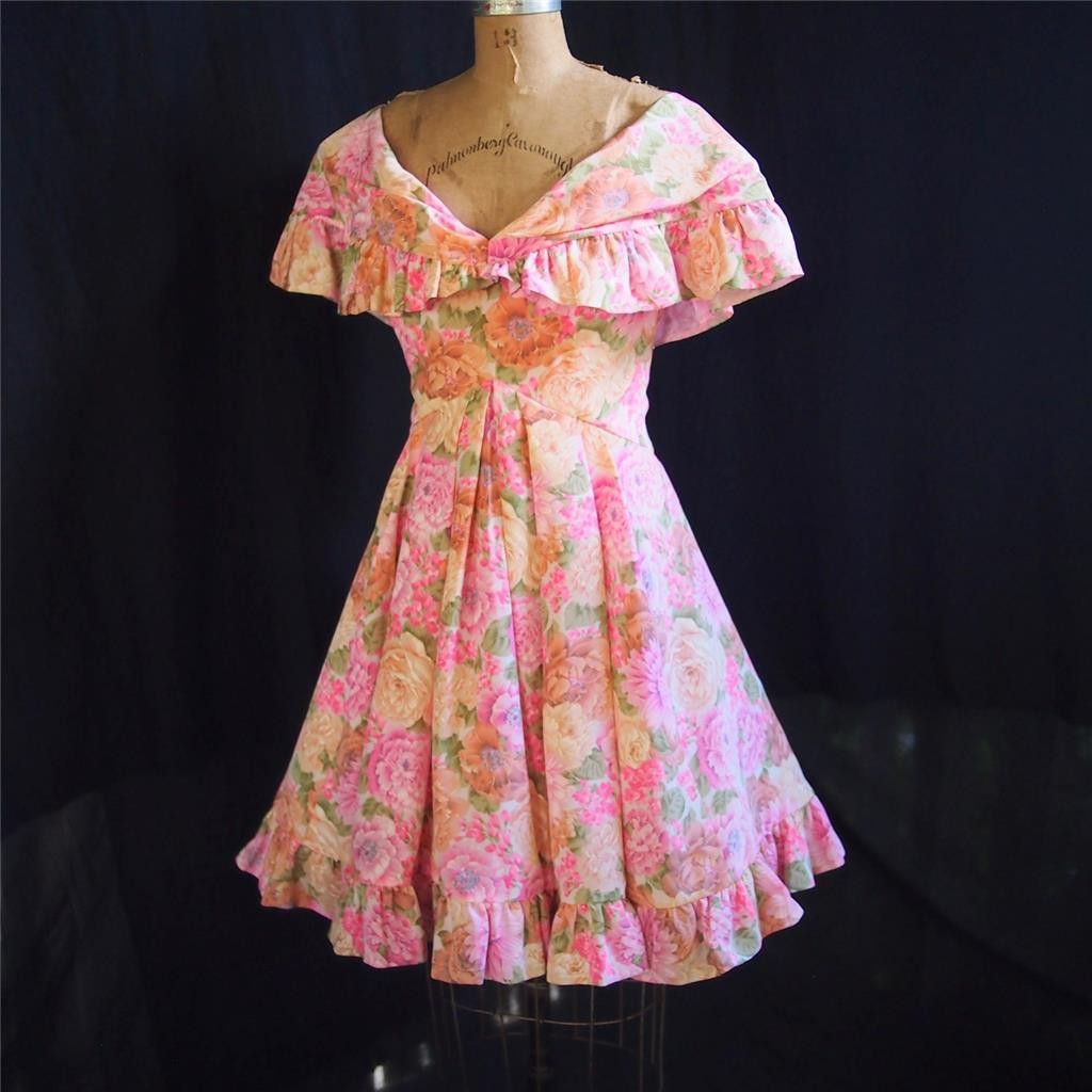 SCAASI BOUTIQUE Vintage 80s Does 50s Floral Off Shoulder Full Skirt Party Dress