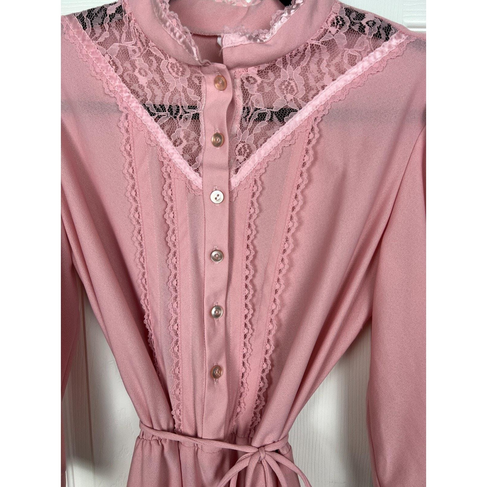 70s Montgomery Ward Pink Lace Prairie Midi Dress Cottagecore Romantic Medium