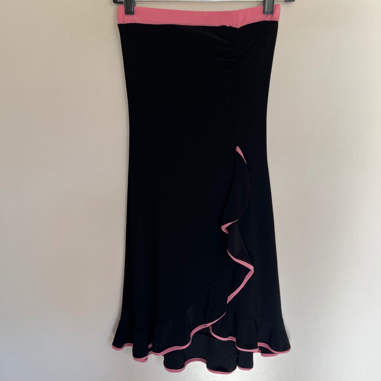 Vintage Y2K Capricho Black Pink Strapless Ruffle Midi Tube Dress Size Medium