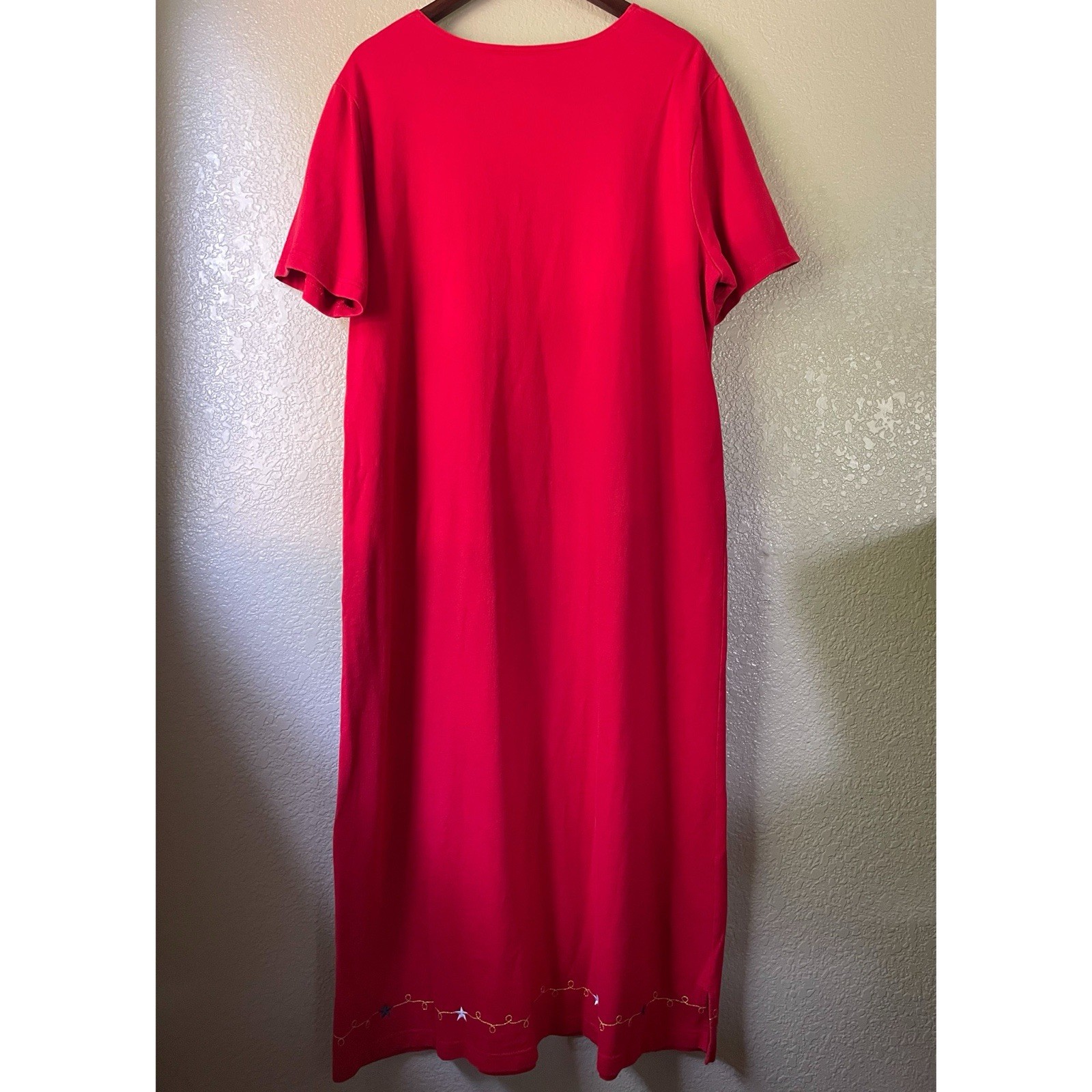 Vintage The Quacker Factory Red Flag Star Embroidered T Shirt Maxi Dress Plus 1X