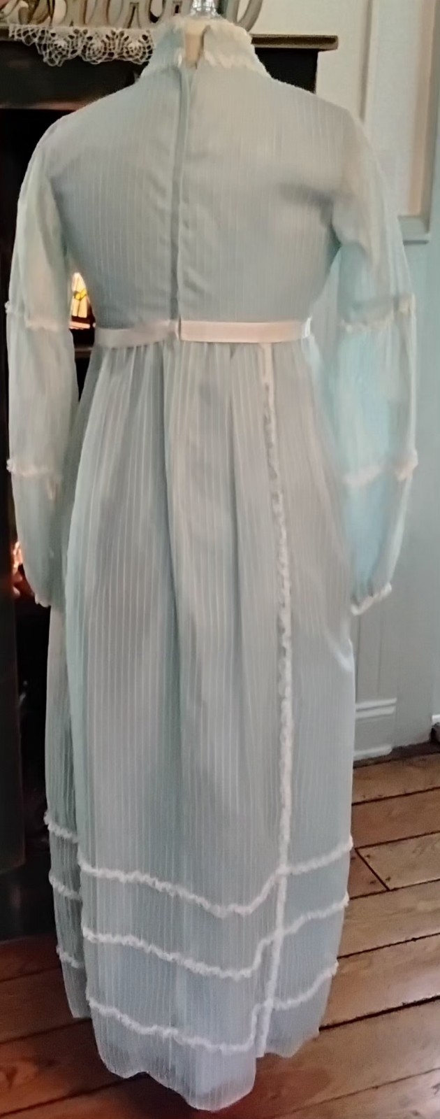 Vtg Sm Prairie Dress Lt Blue Shear w/ Lace Trim Ex Shape