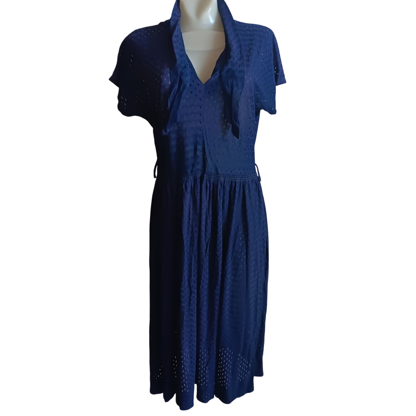 True Vintage Dress 1OF1 8 1960’s Eyelet Midi Tie Neck Slinky Stretch Nylon