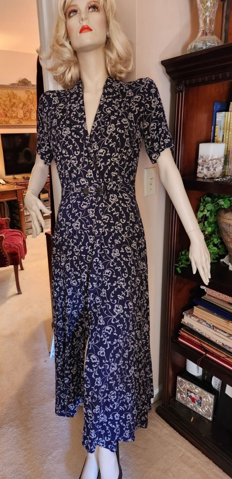 1930s 40s Secretary Shirt Dress Navy Blue/White Short Sleeves Button Front Sz S