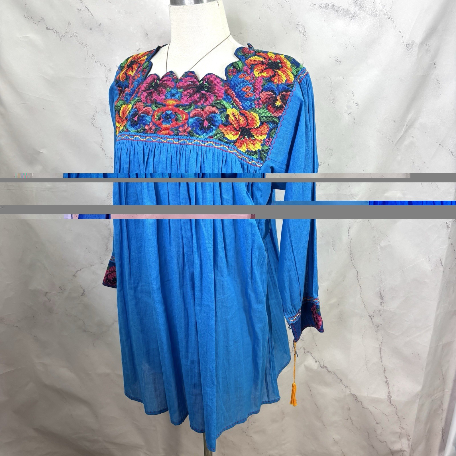 Vtg 70s Mexican Embroidered Cotton Tunic Blouse Boho Peasant Green Huipil M