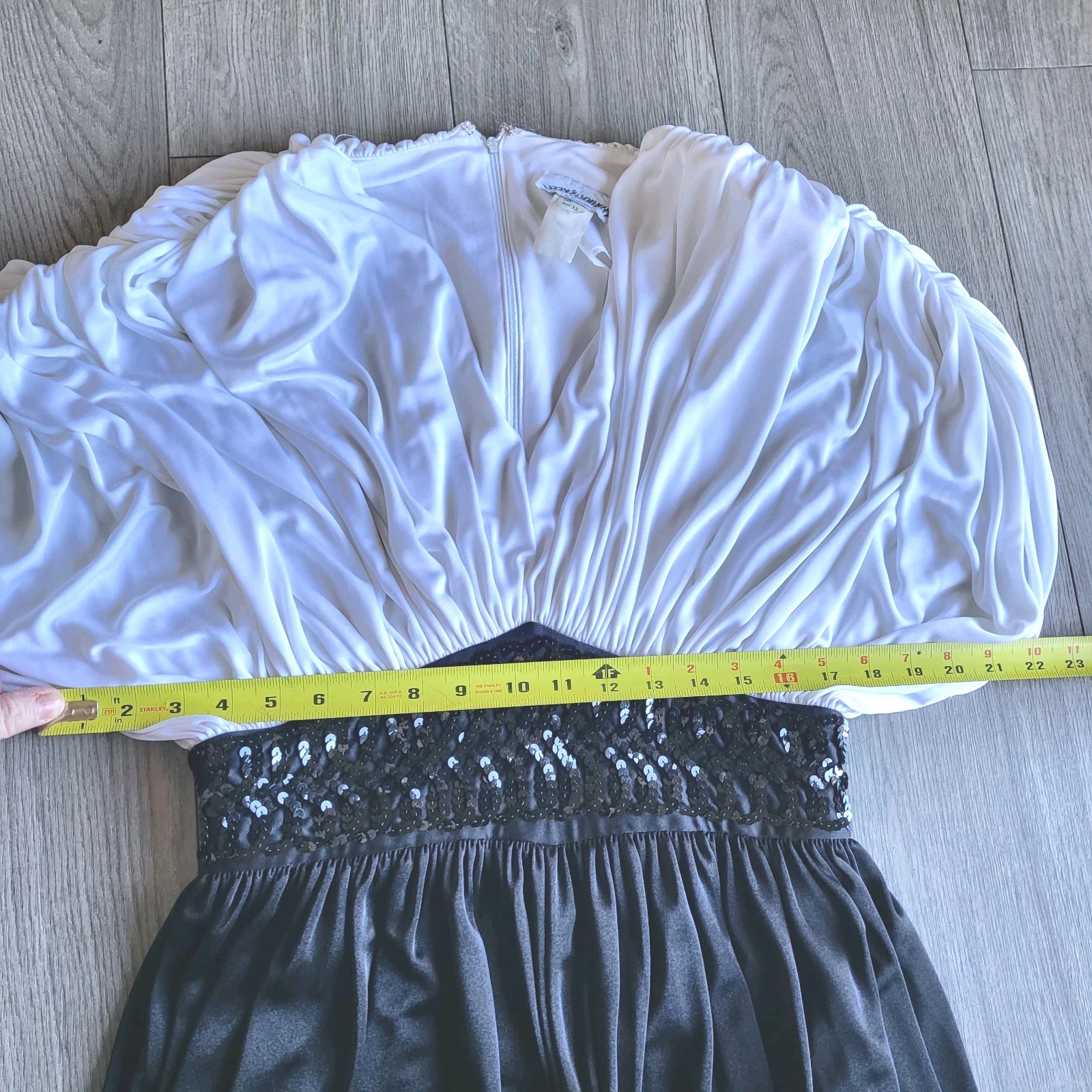 80s Lizzy&Johnny Drapey White/Black Vintage Disco Midi Dress Sequin 12 (Modern6)