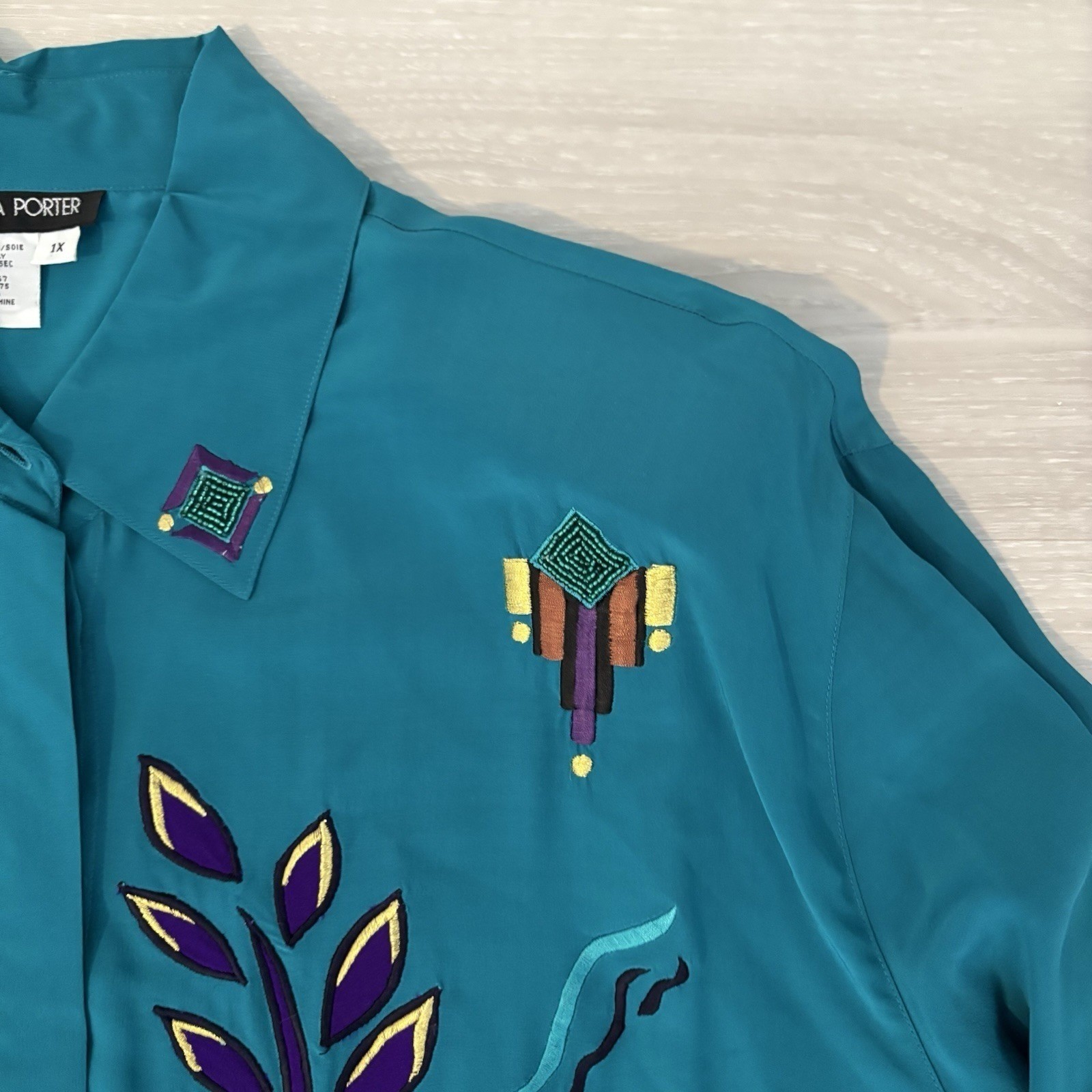 Regina Porter Womens Blouse Vintage 100% Silk Teal Abstract Embroidered Size 1X