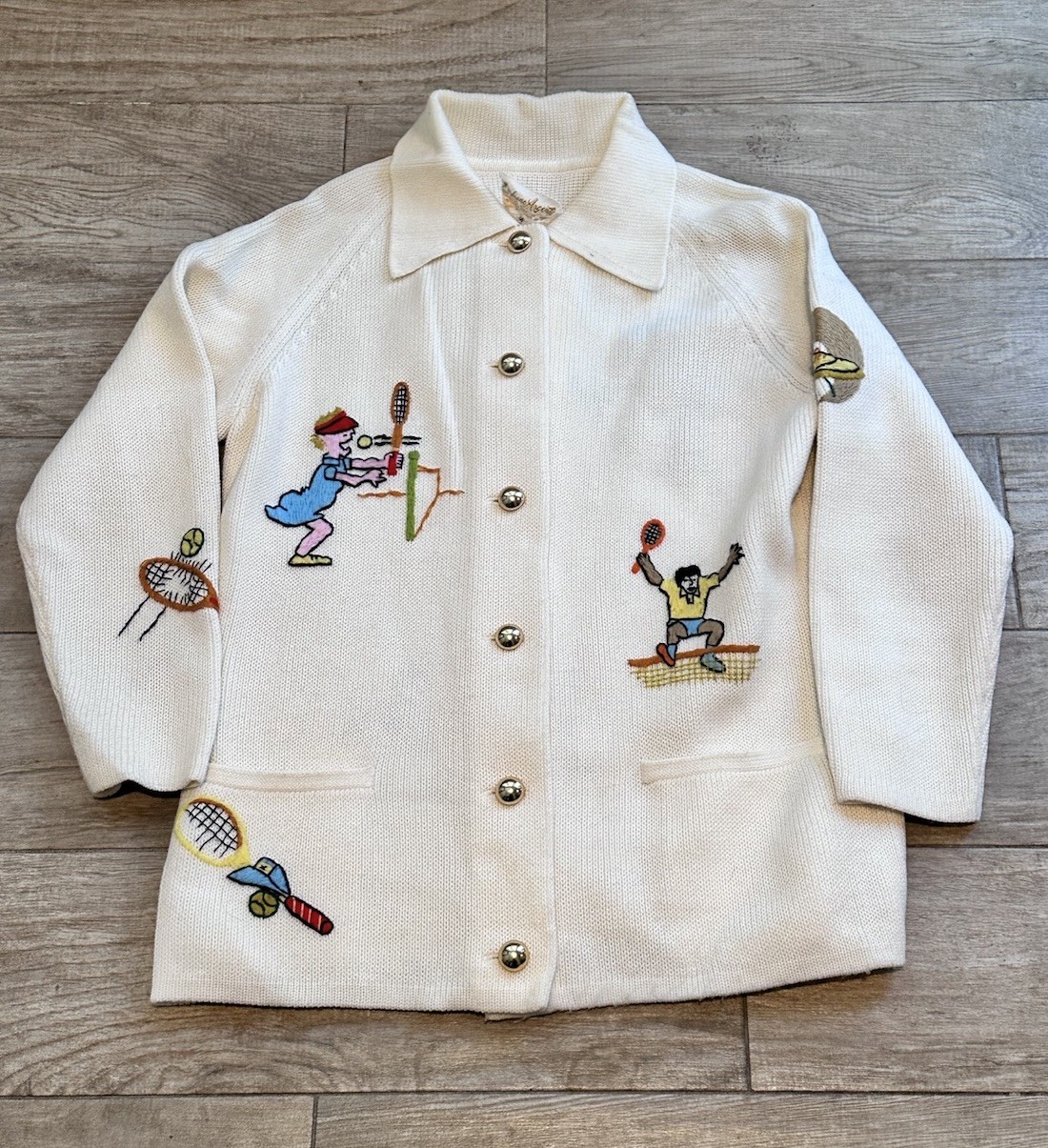 Vintage 70’s Andreno Argenti Embroidered Knit Sweater Cardigan Tennis Pickleball
