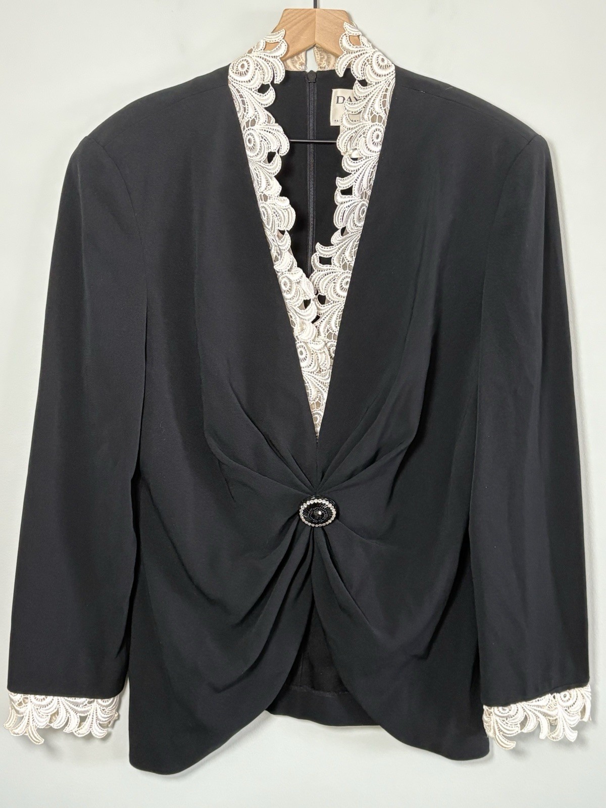 DAYMOR Couture Evening Blouse Zipper Black Broche Front lace Vintage 80s 90s