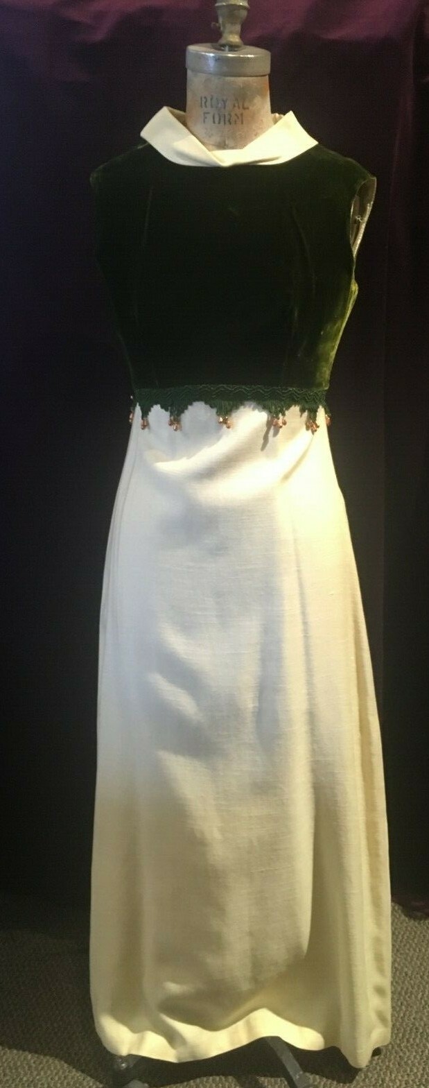 Vintage Sleeveless Olive Green and Ivory Maxi Dress w/ Decorative Trim