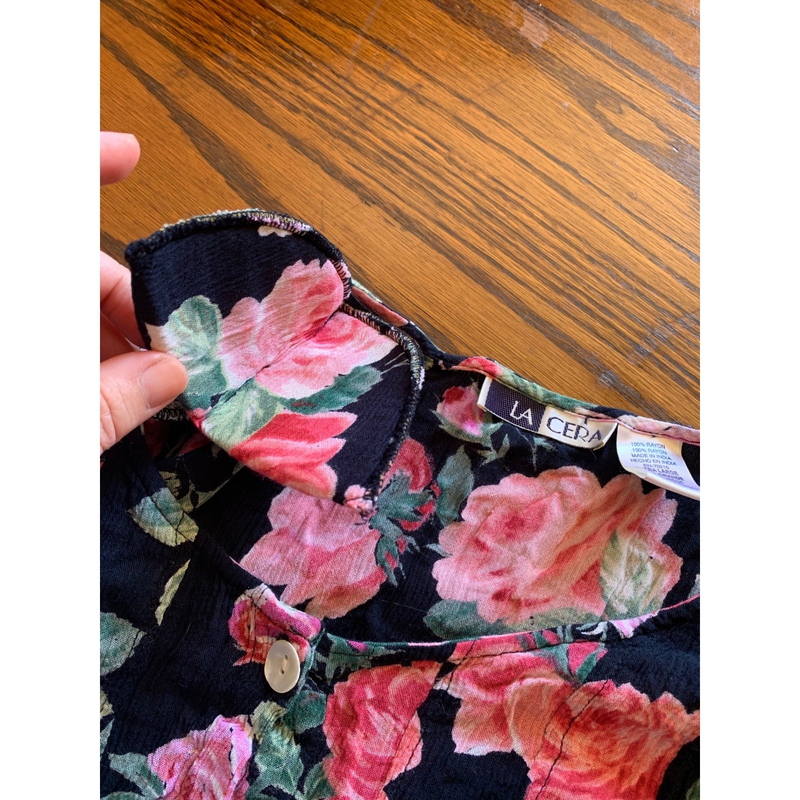 La Cera Vintage 90s Floral Rayon Crepe Midi Dress XL Black Pink Rose Cottagecore